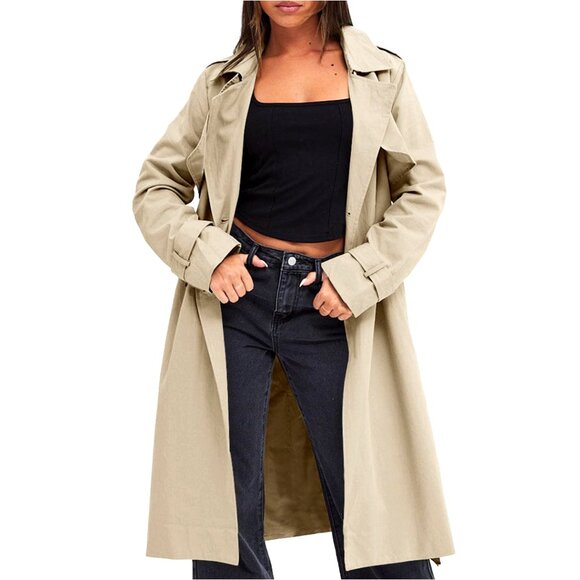 Double Breasted Trench Coat Windproof Lapel Belted Classic Elegant Business